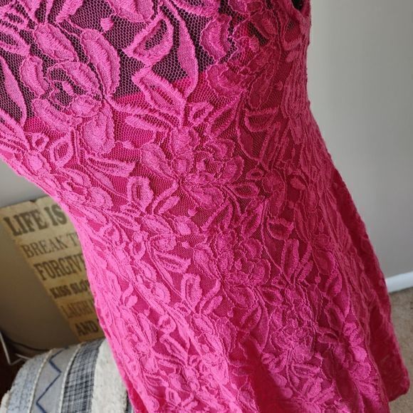 Free People Bright Pink Double Mini Dress with Detachable Lace Outer Dress No Sz - Picture 5 of 11
